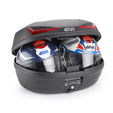 E455 Simply IV Monolock Topcase, mit Platte – 45 L., schwarz, mit roten Reflektoren